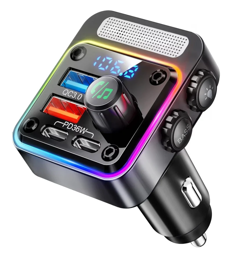 54W Bluetooth 5.3 Car Adapter w/ 4 Charging Ports Wireless Radio FM Transmitter & 5 Colors LED Backlit, Hands-Free Calling