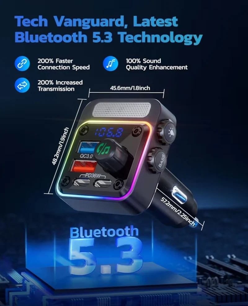 54W Bluetooth 5.3 Car Adapter w/ 4 Charging Ports Wireless Radio FM Transmitter & 5 Colors LED Backlit, Hands-Free Calling