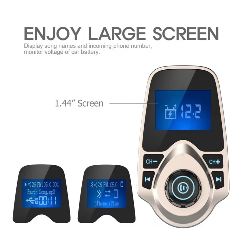 Bluetooth Car FM Transmitter Audio Adapter Receiver Wireless Handsfree Voltmeter Car Kit TF Card AUX 1.44 Display - Golden