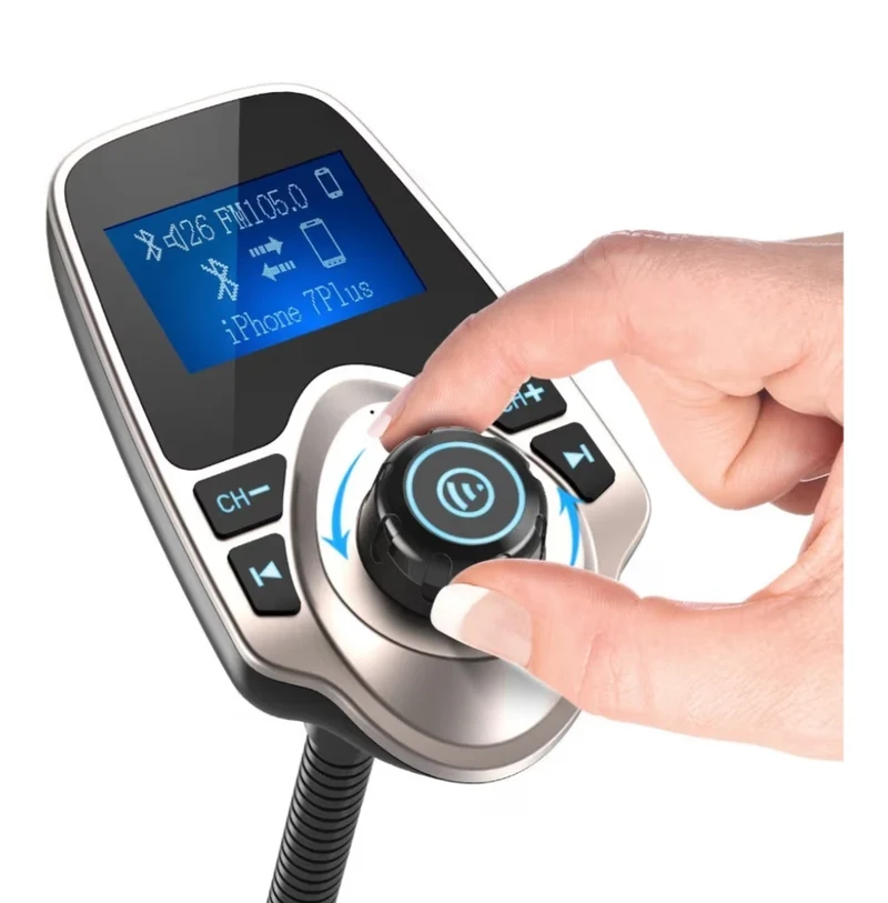 Bluetooth Car FM Transmitter Audio Adapter Receiver Wireless Handsfree Voltmeter Car Kit TF Card AUX 1.44 Display - Golden