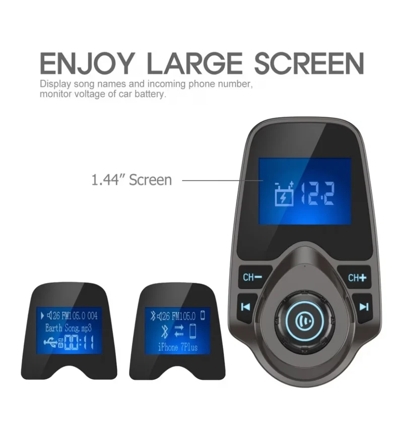 Bluetooth Car FM Transmitter Audio Adapter Receiver Wireless Handsfree Car Kit TF Card AUX 1.44 Display – Brown