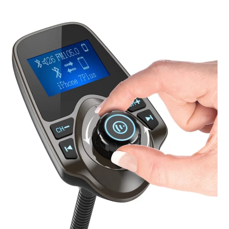 Bluetooth Car FM Transmitter Audio Adapter Receiver Wireless Handsfree Car Kit TF Card AUX 1.44 Display – Brown
