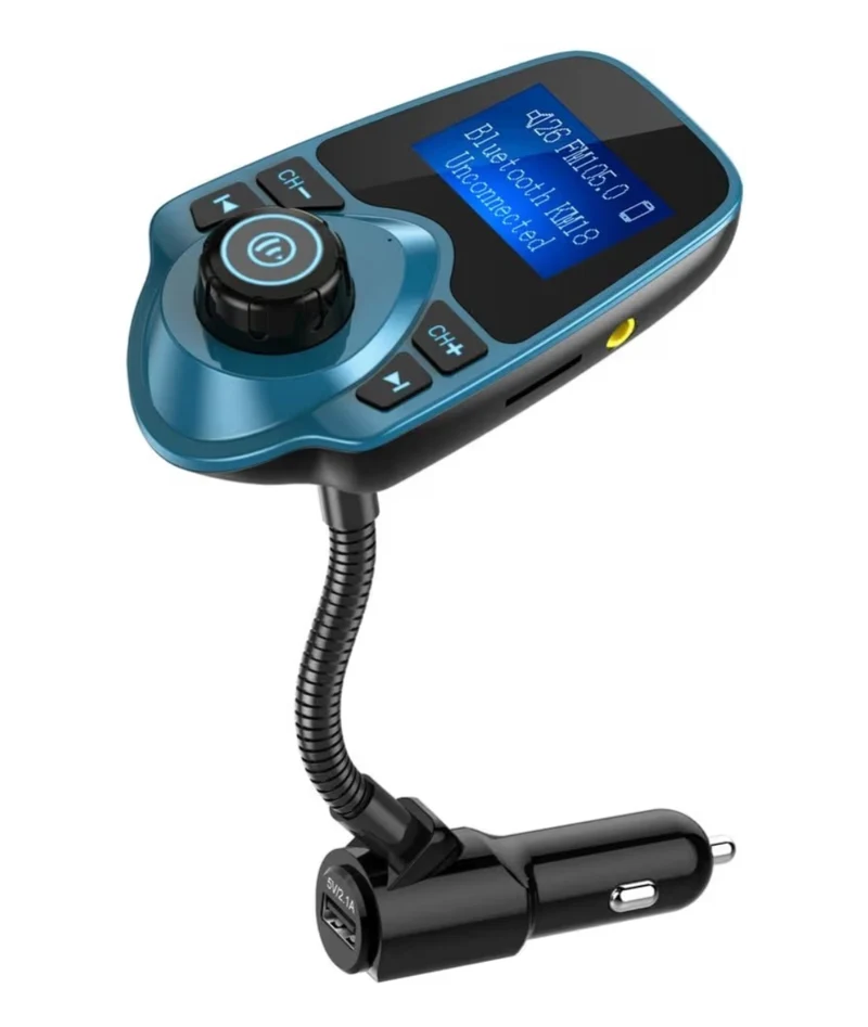 Bluetooth Car FM Transmitter Audio Adapter Receiver Wireless Handsfree Voltmeter Car Kit TF Card AUX 1.44 Display – Peacock Blue
