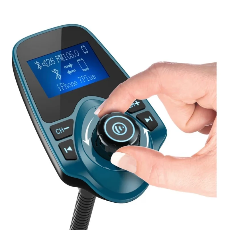 Bluetooth Car FM Transmitter Audio Adapter Receiver Wireless Handsfree Voltmeter Car Kit TF Card AUX 1.44 Display – Peacock Blue
