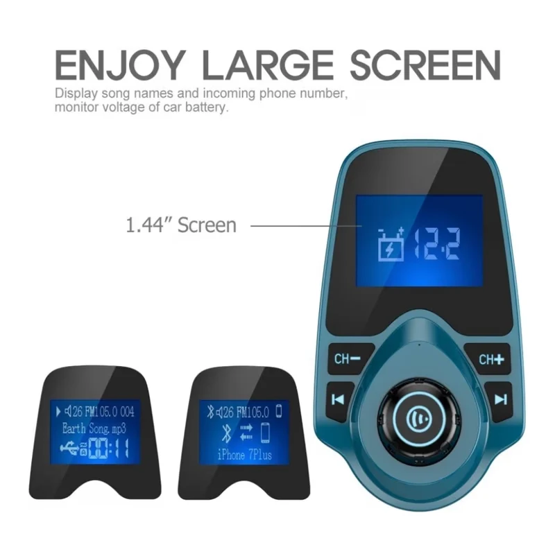 Bluetooth Car FM Transmitter Audio Adapter Receiver Wireless Handsfree Voltmeter Car Kit TF Card AUX 1.44 Display – Peacock Blue