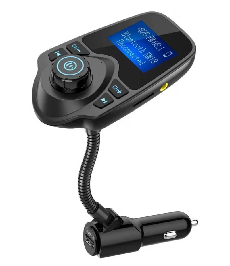 Bluetooth Car FM Transmitter Audio Adapter Receiver Wireless Handsfree Voltmeter Car Kit TF Card AUX 1.44 Display - Black Matte