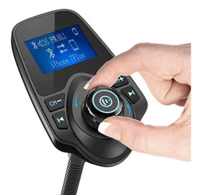 Bluetooth Car FM Transmitter Audio Adapter Receiver Wireless Handsfree Voltmeter Car Kit TF Card AUX 1.44 Display - Black Matte