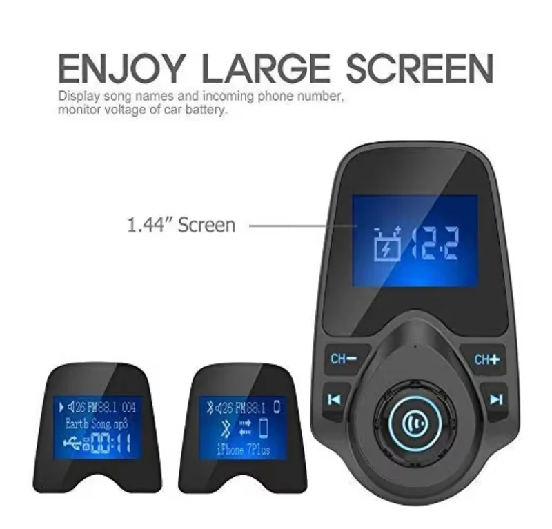 Bluetooth Car FM Transmitter Audio Adapter Receiver Wireless Handsfree Voltmeter Car Kit TF Card AUX 1.44 Display - Black Matte