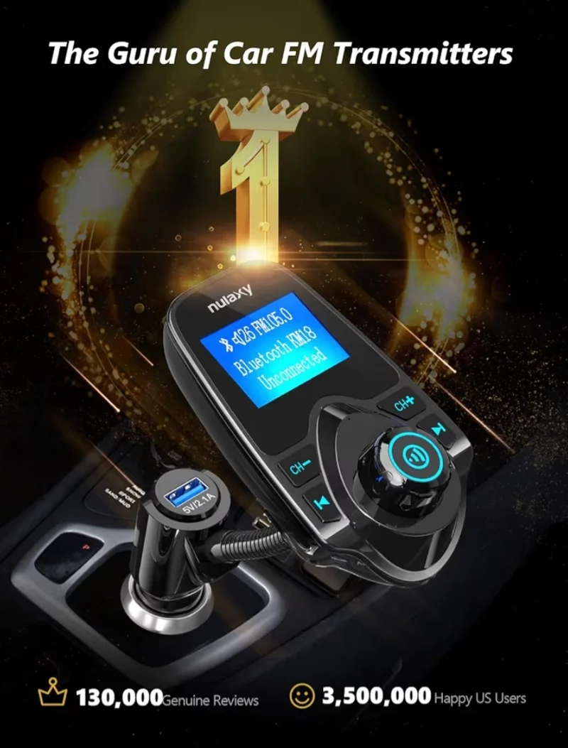Bluetooth FM Transmitter 1.44" Display, Handsfree Call Wireless Music Stereo Audio Player Radio Adapter Car Kit USB Phone Charger, TF SD Card AUX