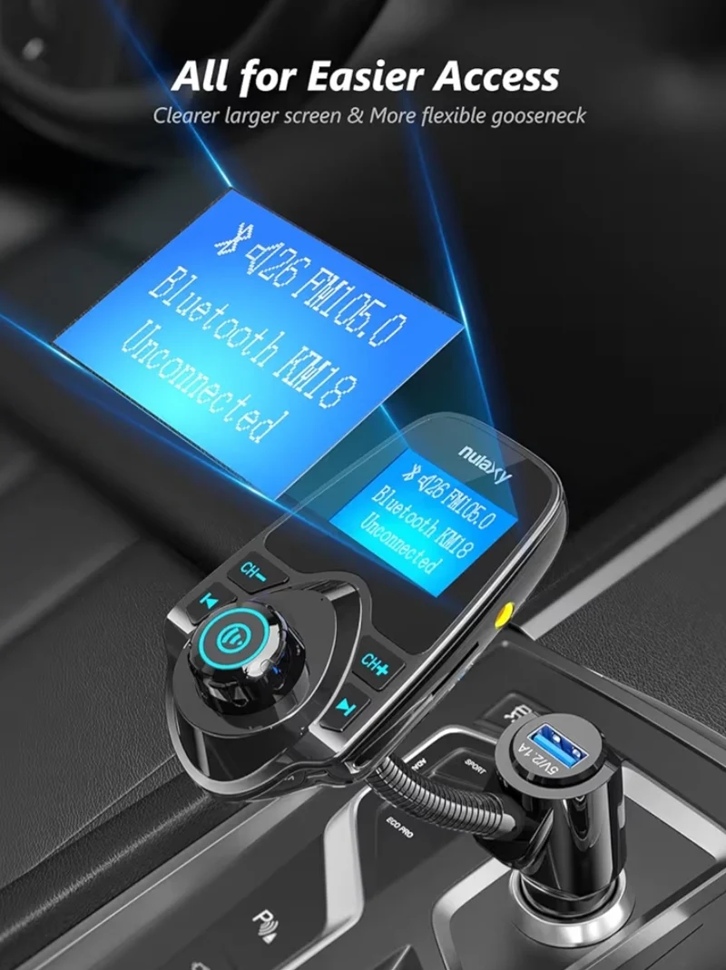 Bluetooth FM Transmitter 1.44" Display, Handsfree Call Wireless Music Stereo Audio Player Radio Adapter Car Kit USB Phone Charger, TF SD Card AUX