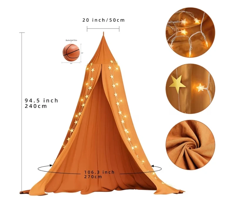 Bed Canopy, Princess Gauze Mosquito Net+ USB Warm White Star Fairy String Lights & Yellow Star Flag (Burnt Orange)