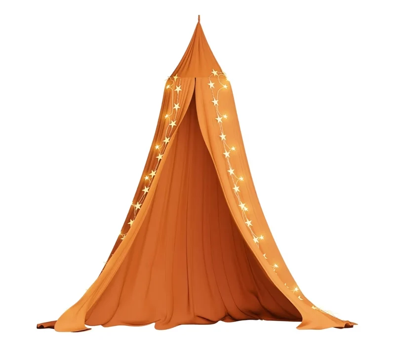 Bed Canopy, Princess Gauze Mosquito Net+ USB Warm White Star Fairy String Lights & Yellow Star Flag (Burnt Orange)