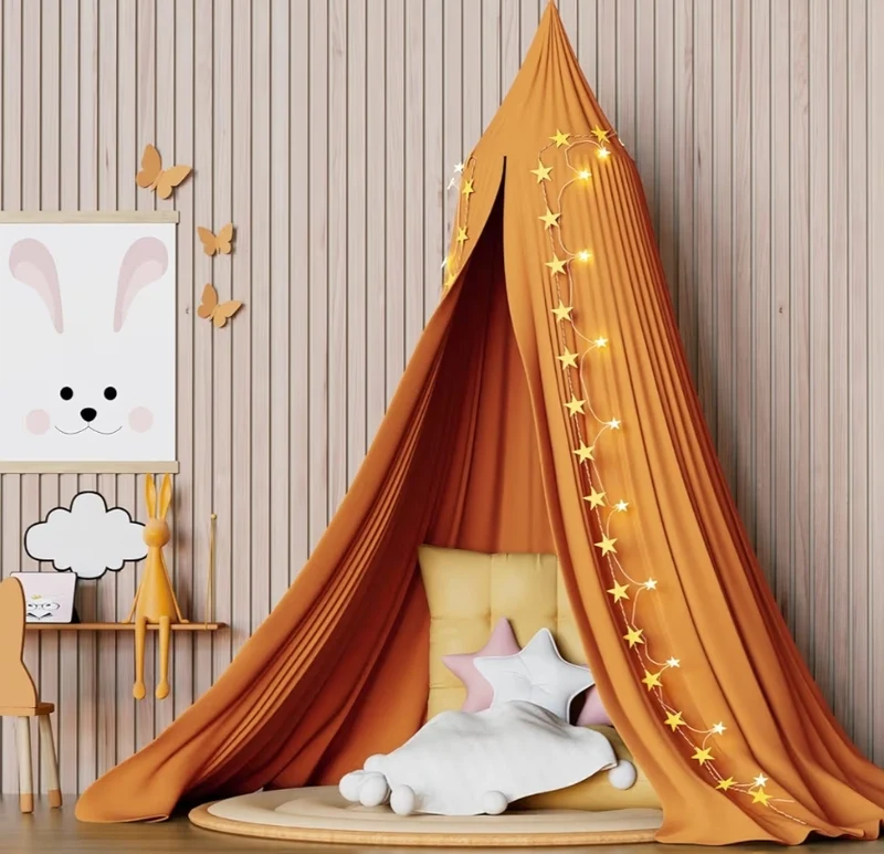 Bed Canopy, Princess Gauze Mosquito Net+ USB Warm White Star Fairy String Lights & Yellow Star Flag (Burnt Orange)