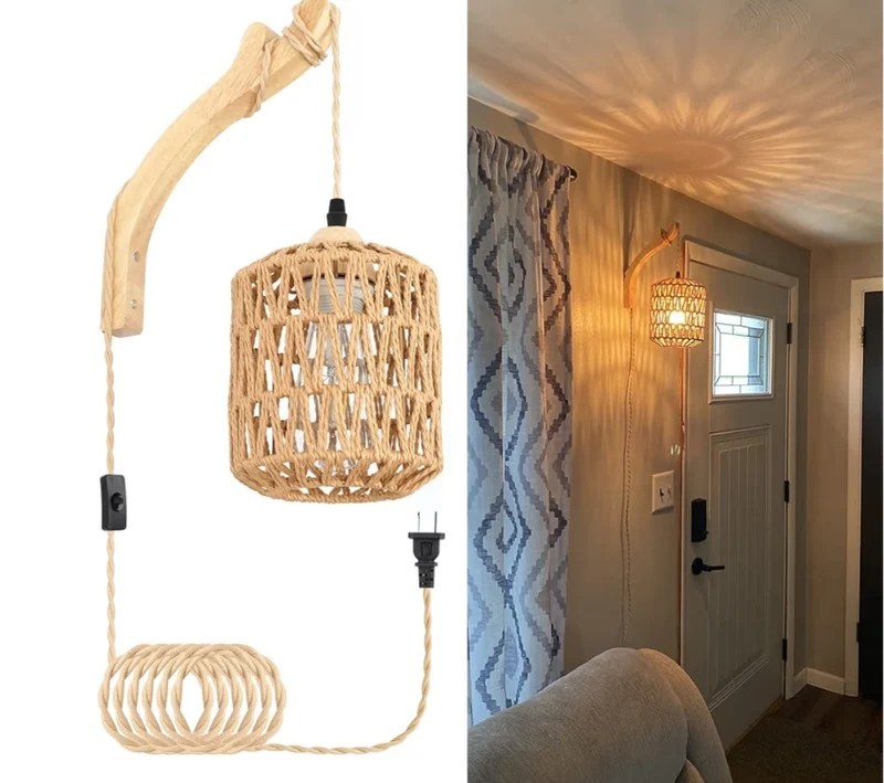 Rattan Wall Lamp with Plug in Cord Hand Woven Sconces Paper Rope Wall Mounted Light Boho Wall Lighting