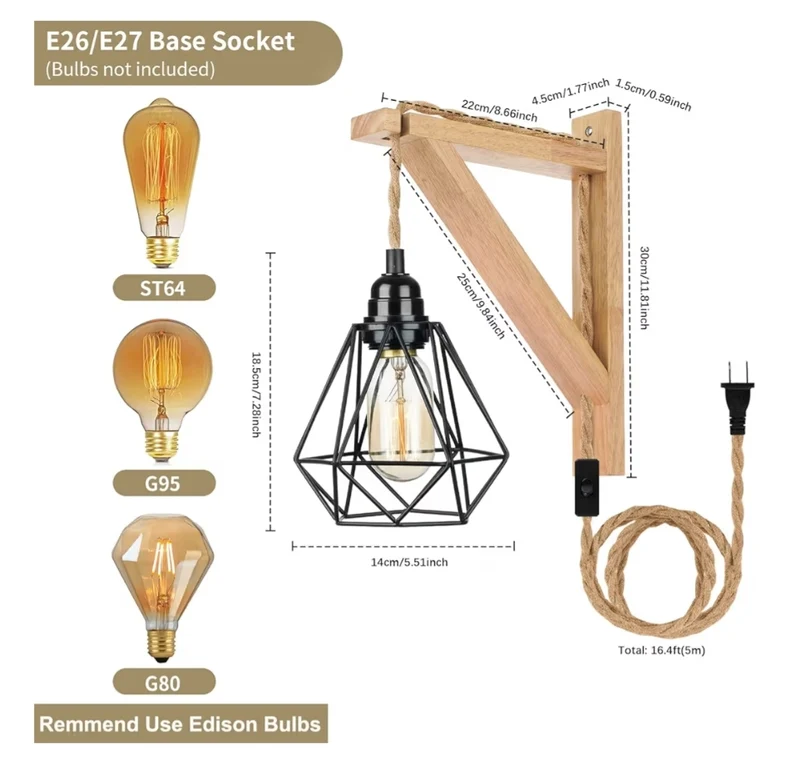 Hanging Lamps That Plug into Wall Outlet with Plug in Cord Rustic Wall Mount Lamp with Wood Shelf Bracket & Switch