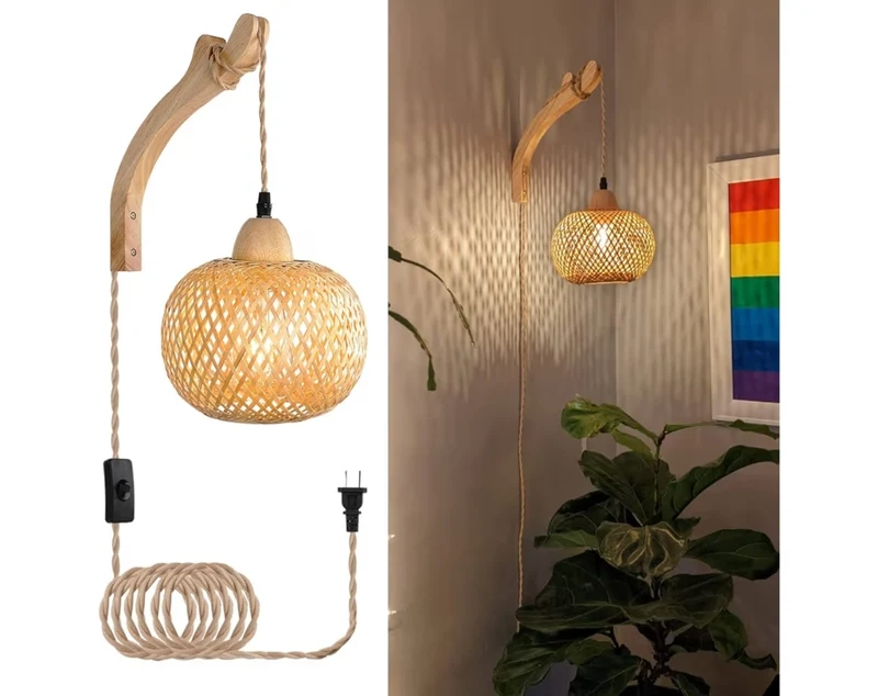 Bamboo Lantern Plug in Wall Sconces Wicker Wall Lamp wi/ Plug in Cord Hand Woven Rattan Rustic Wall Lighting