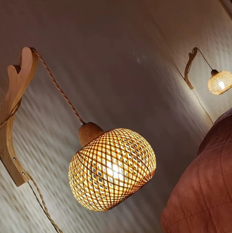 Bamboo Lantern Plug in Wall Sconces Wicker Wall Lamp wi/ Plug in Cord Hand Woven Rattan Rustic Wall Lighting