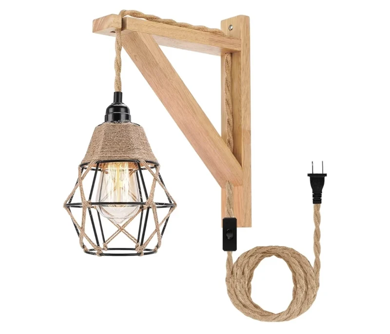 Wall Lamp w/ Plug in Cord Hanging Lamps That Plug into Wall Outlet, Rustic Wall w/ Wood Shelf Bracket & Switch Cord