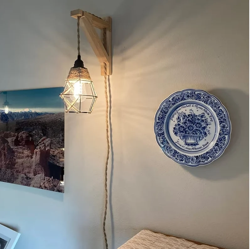 Wall Lamp w/ Plug in Cord Hanging Lamps That Plug into Wall Outlet, Rustic Wall w/ Wood Shelf Bracket & Switch Cord