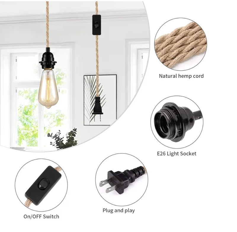 Farmhouse 15ft Pendant Lights - w/ Plug in Cord Hemp Rope Pendant Lights Rustic Hanging Lamps That Plug into Wall Outlet - 2 Pack