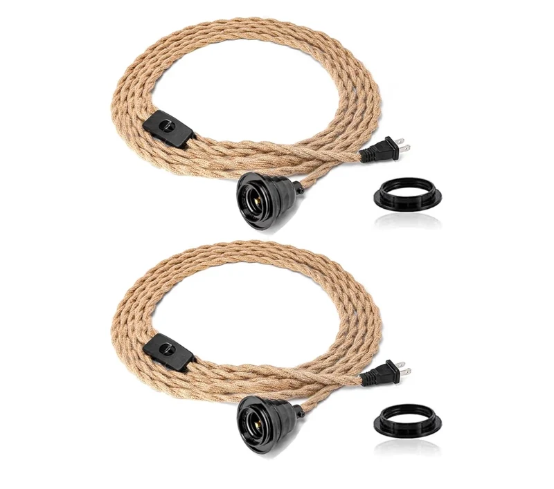 Farmhouse 15ft Pendant Lights - w/ Plug in Cord Hemp Rope Pendant Lights Rustic Hanging Lamps That Plug into Wall Outlet - 2 Pack