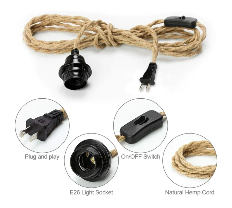 Industrial 15ft Pendant Light Cord - Hanging Light Kit w/ Switch Plug-in Pendant Light Cord Rope Pendant Lights Socket