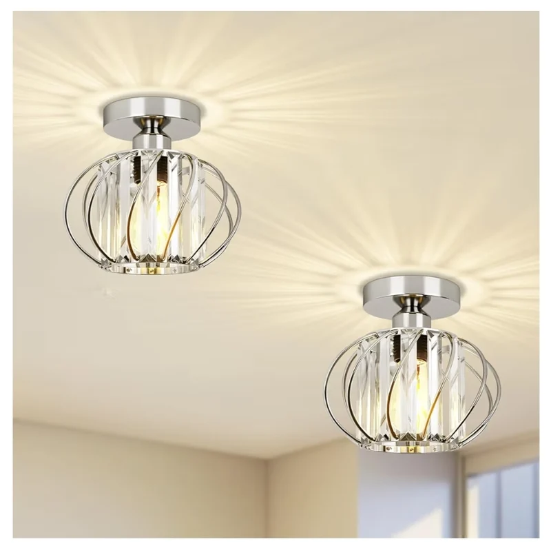 2 Pack - Crystal Ceiling Light - Modern Semi Flush Mount Mini Crystal Chandelier Hallway Light Fixtures - Chrome