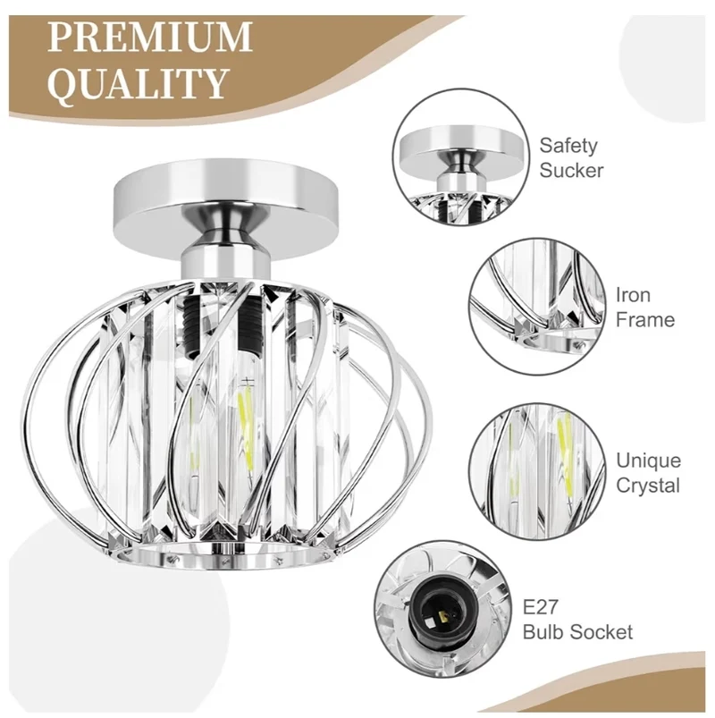 2 Pack - Crystal Ceiling Light - Modern Semi Flush Mount Mini Crystal Chandelier Hallway Light Fixtures - Chrome