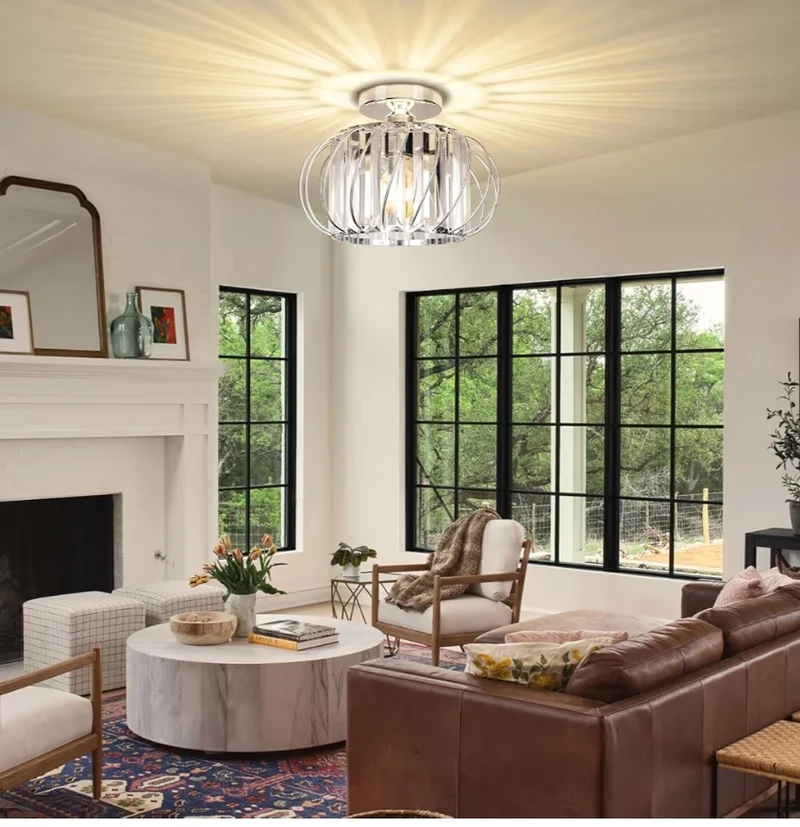 Crystal Semi Flush Mount Ceiling Light - Chandelier Light Fixtures Modern - Chrome