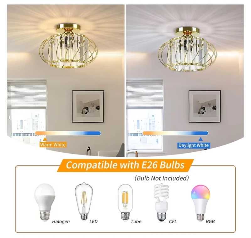 Semi Flush Mount Ceiling Light - Crystal Chandelier Hallway Lighting Fixtures Gold Ceiling