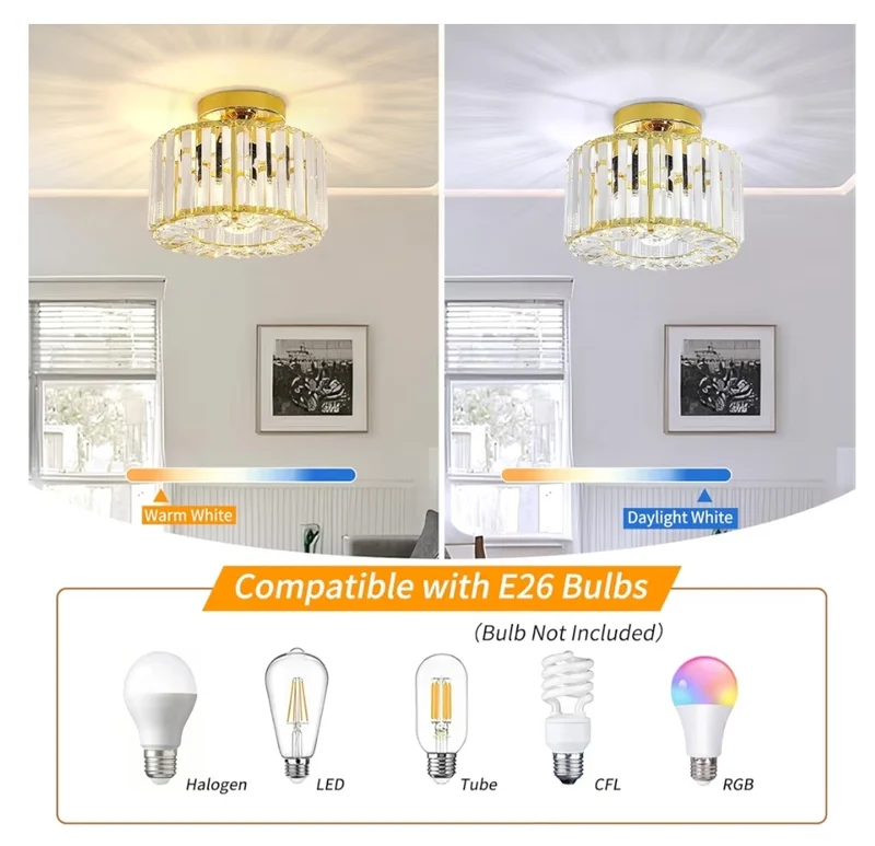 Semi Flush Mount Ceiling Light Crystal Chandelier Gold Bedroom Chandelier, Hallway Light Fixtures