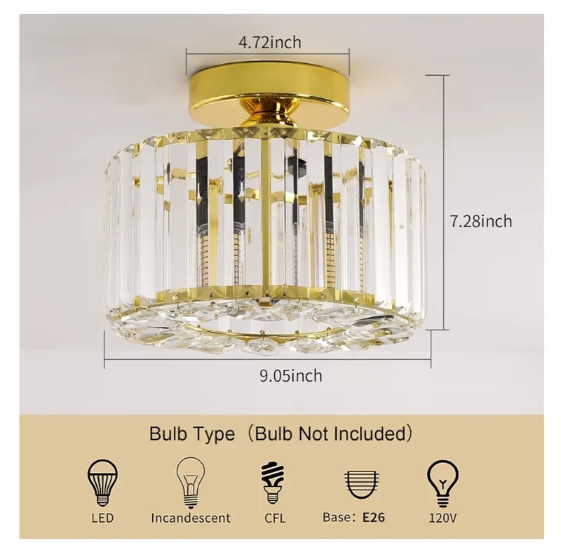 Semi Flush Mount Ceiling Light Crystal Chandelier Gold Bedroom Chandelier, Hallway Light Fixtures