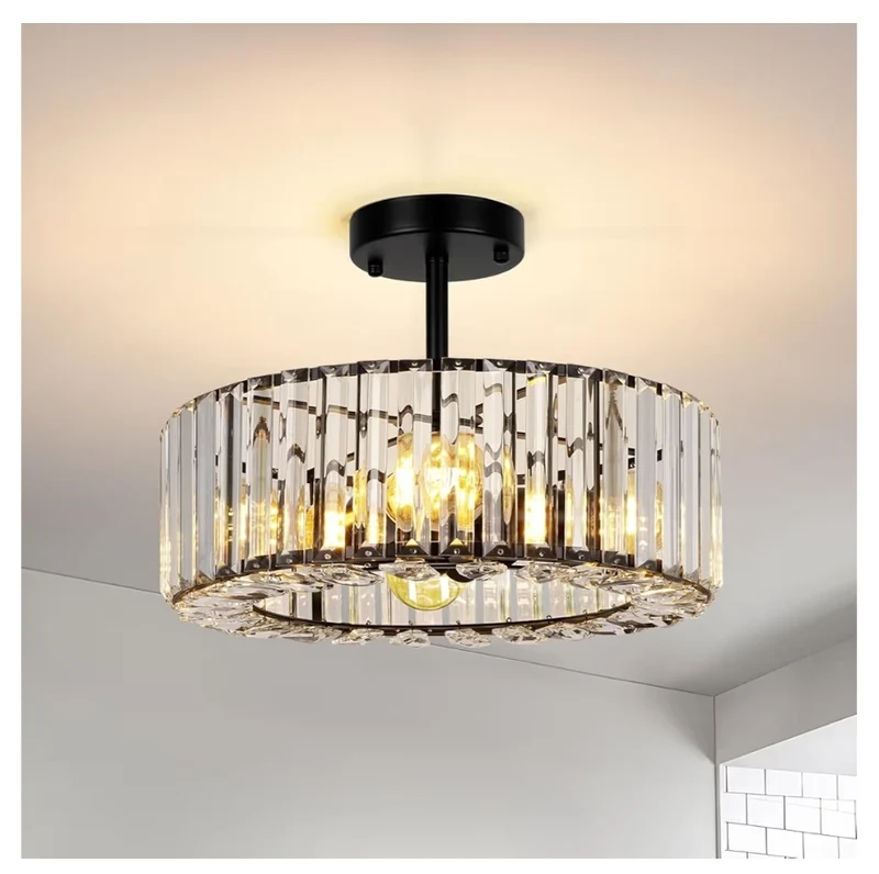 4-Light Ceiling Light Fixture 14.5 Inch Modern Semi Flush Mount Black Crystal Chandelier, 4 Light (Black)