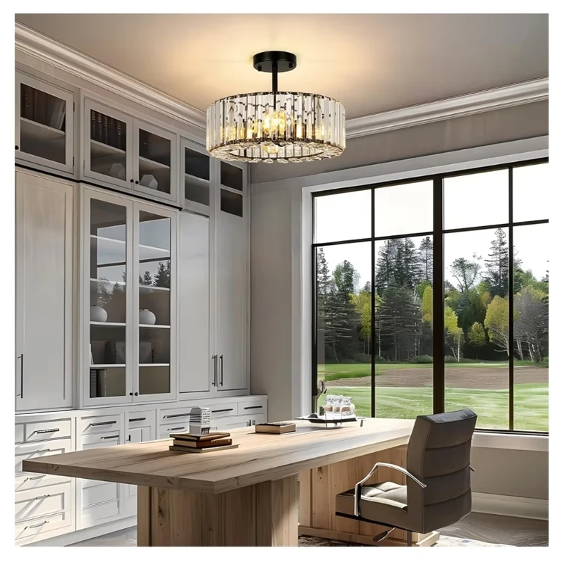 4-Light Ceiling Light Fixture 14.5 Inch Modern Semi Flush Mount Black Crystal Chandelier, 4 Light (Black)