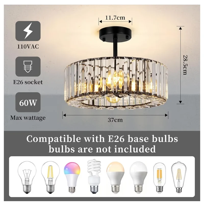 4-Light Ceiling Light Fixture 14.5 Inch Modern Semi Flush Mount Black Crystal Chandelier, 4 Light (Black)