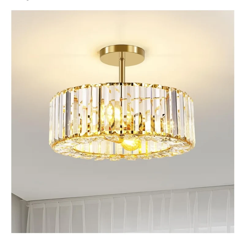 4-Light Crystal Ceiling Light Fixture - 14.56 Inch Modern Semi Flush Mount Ceiling Light Crystal Chandelier - Gold