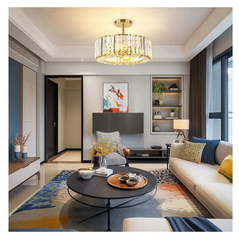 4-Light Crystal Ceiling Light Fixture - 14.56 Inch Modern Semi Flush Mount Ceiling Light Crystal Chandelier - Gold