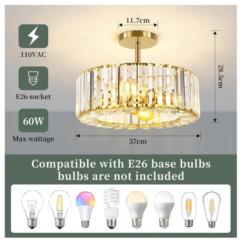 4-Light Crystal Ceiling Light Fixture - 14.56 Inch Modern Semi Flush Mount Ceiling Light Crystal Chandelier - Gold