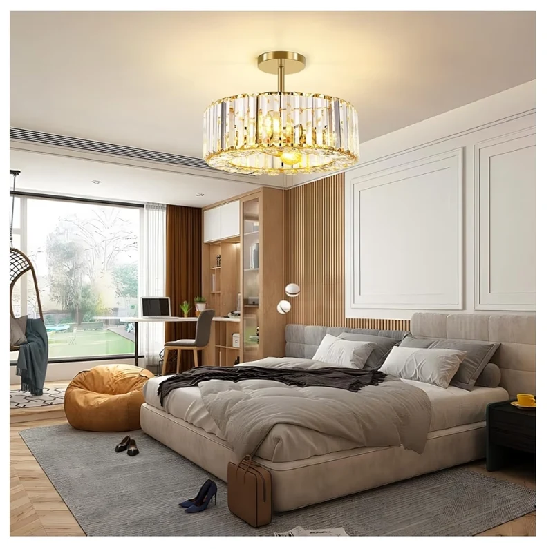 4-Light Crystal Ceiling Light Fixture - 14.56 Inch Modern Semi Flush Mount Ceiling Light Crystal Chandelier - Gold