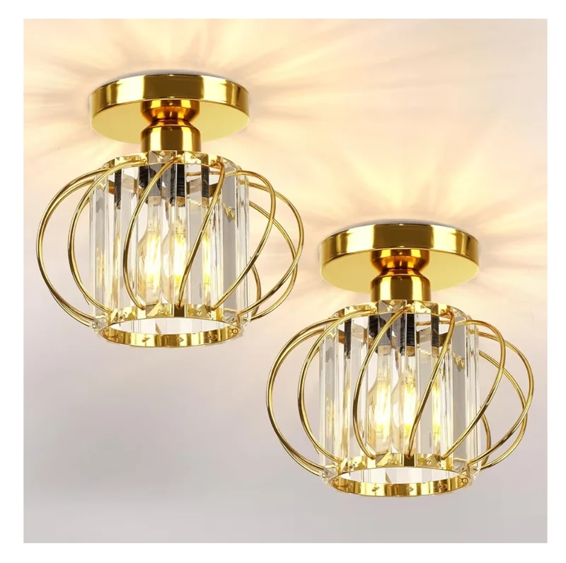 Modern Mini Crystal Chandelier Semi Flush Mount Ceiling Light Fixture Gold (2 Pack)