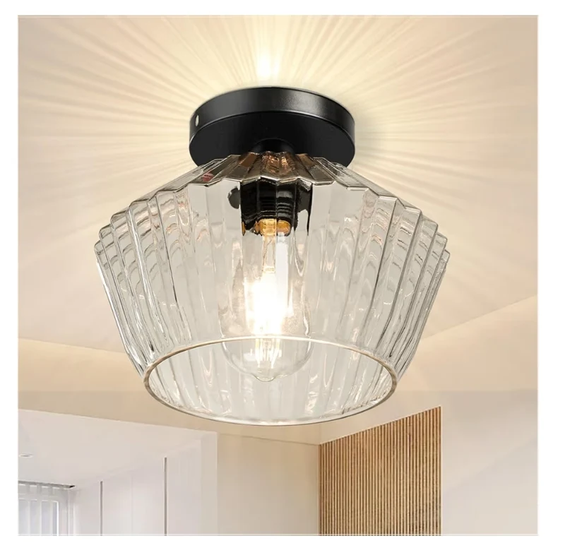 Flush Mount Ceiling Light – Semi Flush Mount Fixture with Textured Glass Shade - Black Ceiling Light Fixture