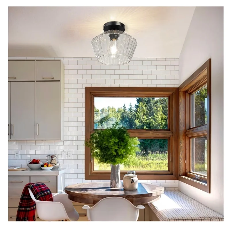 Flush Mount Ceiling Light – Semi Flush Mount Fixture with Textured Glass Shade - Black Ceiling Light Fixture