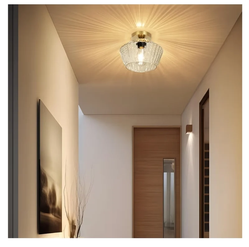 Flush Mount Ceiling Light – Semi Flush Light Fixture with Textured Glass Shade - Brass Gold Ceiling