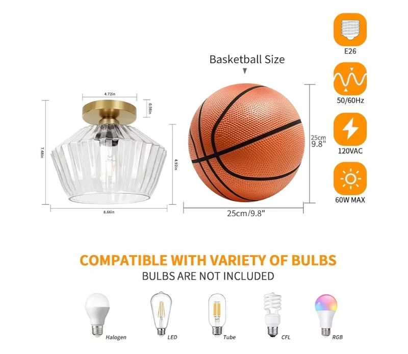 Flush Mount Ceiling Light – Semi Flush Light Fixture with Textured Glass Shade - Brass Gold Ceiling