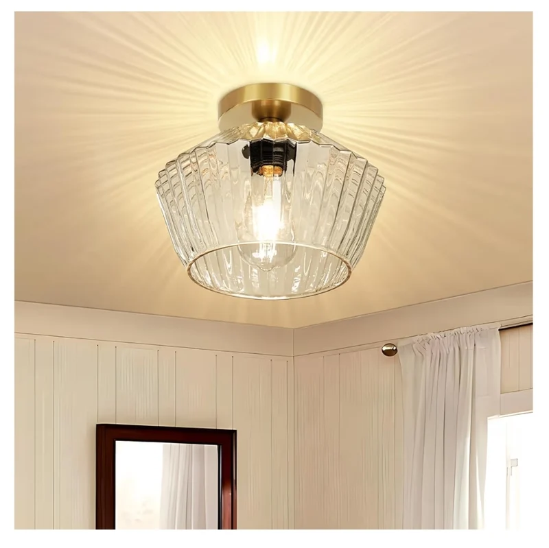 Flush Mount Ceiling Light – Semi Flush Light Fixture with Textured Glass Shade - Brass Gold Ceiling