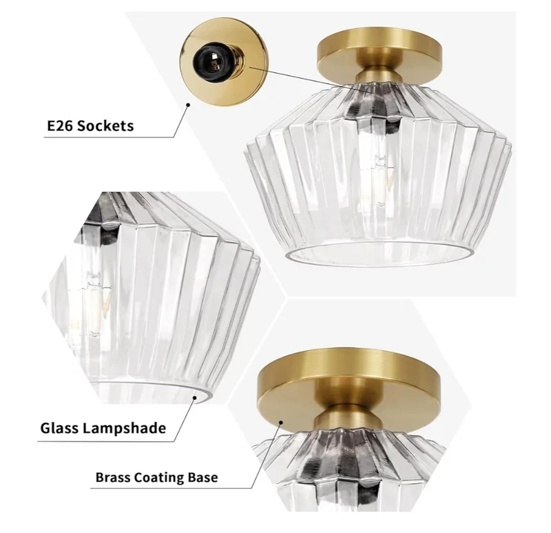 Flush Mount Ceiling Light – Semi Flush Light Fixture with Textured Glass Shade - Brass Gold Ceiling