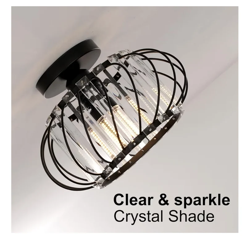 Semi Flush Mount Ceiling Light Crystal Chandelier Modern Black Ceiling Light Fixture, Hallway Lighting