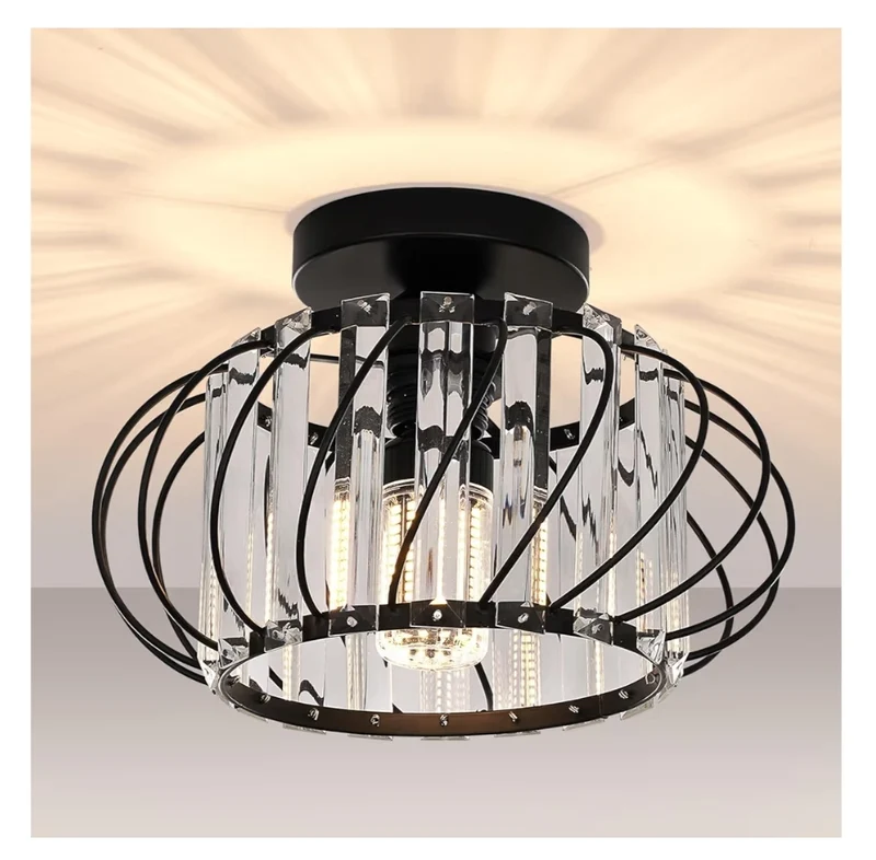 Semi Flush Mount Ceiling Light Crystal Chandelier Modern Black Ceiling Light Fixture, Hallway Lighting