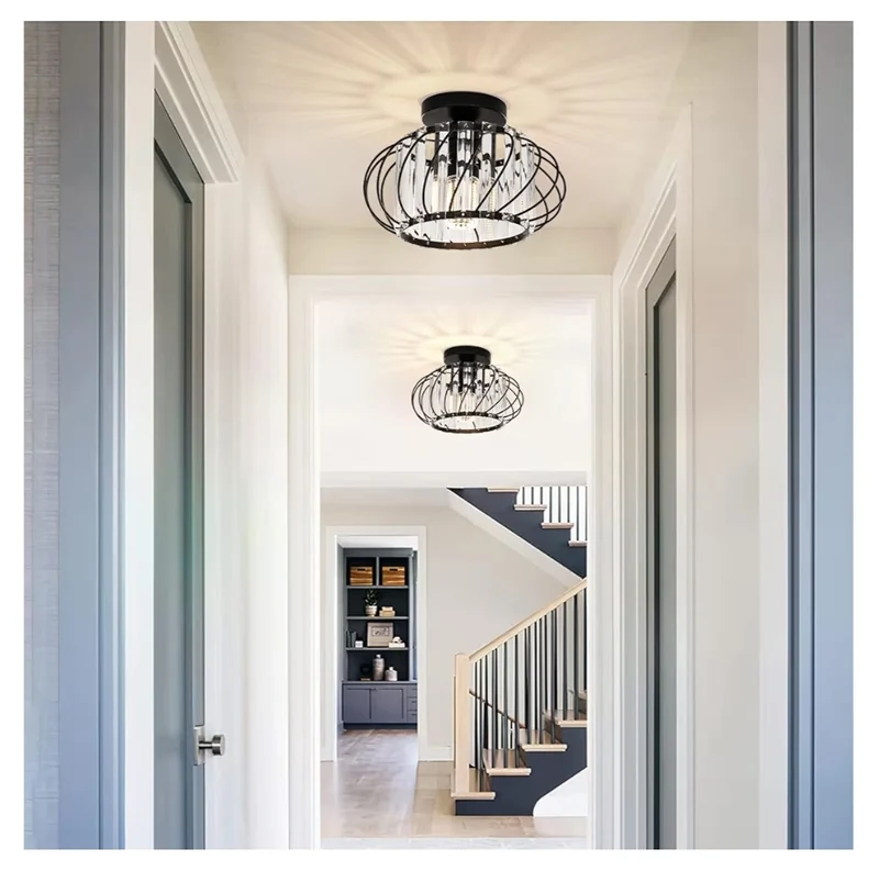 Semi Flush Mount Ceiling Light Crystal Chandelier Modern Black Ceiling Light Fixture, Hallway Lighting