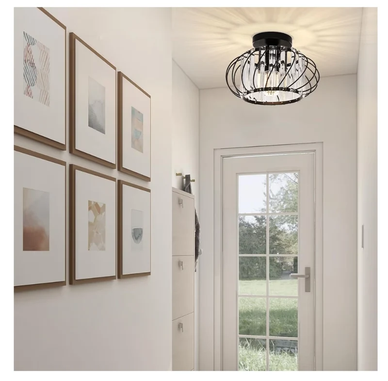 Semi Flush Mount Ceiling Light Crystal Chandelier Modern Black Ceiling Light Fixture, Hallway Lighting